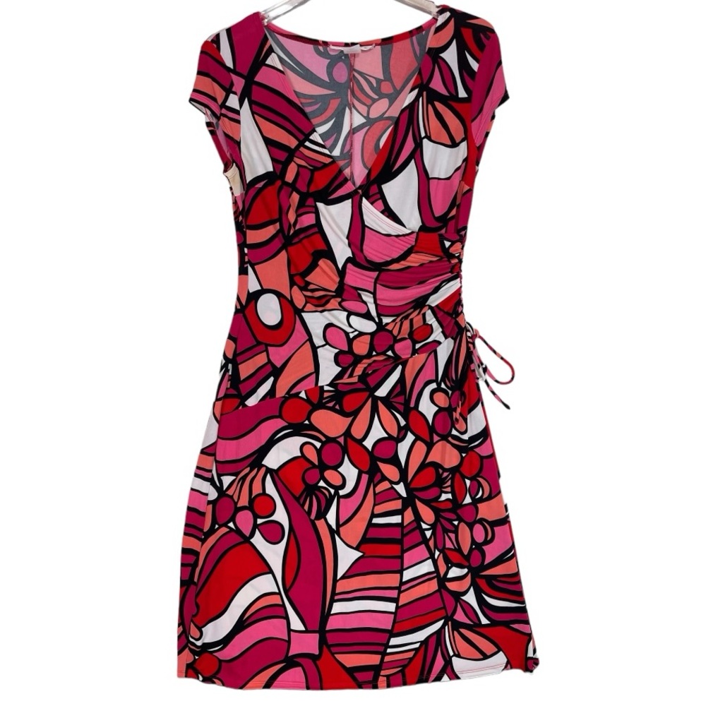Evan-Picone Dress Abstract Floral Stretch Dress Multicolor Pink Red White Black